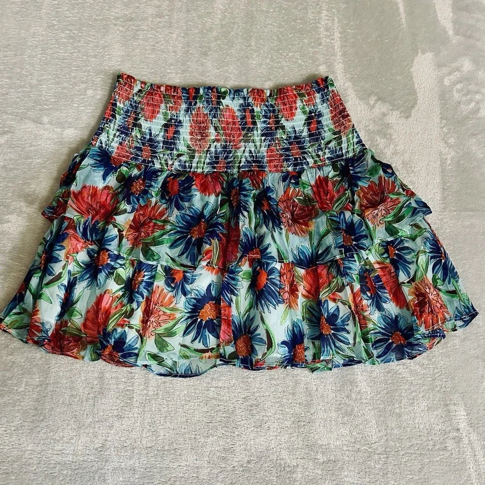 MILLY Floral Tiered Mini Skirt Sz 6 Wyatt Paint Dahlia Smocked Boho 26ES59